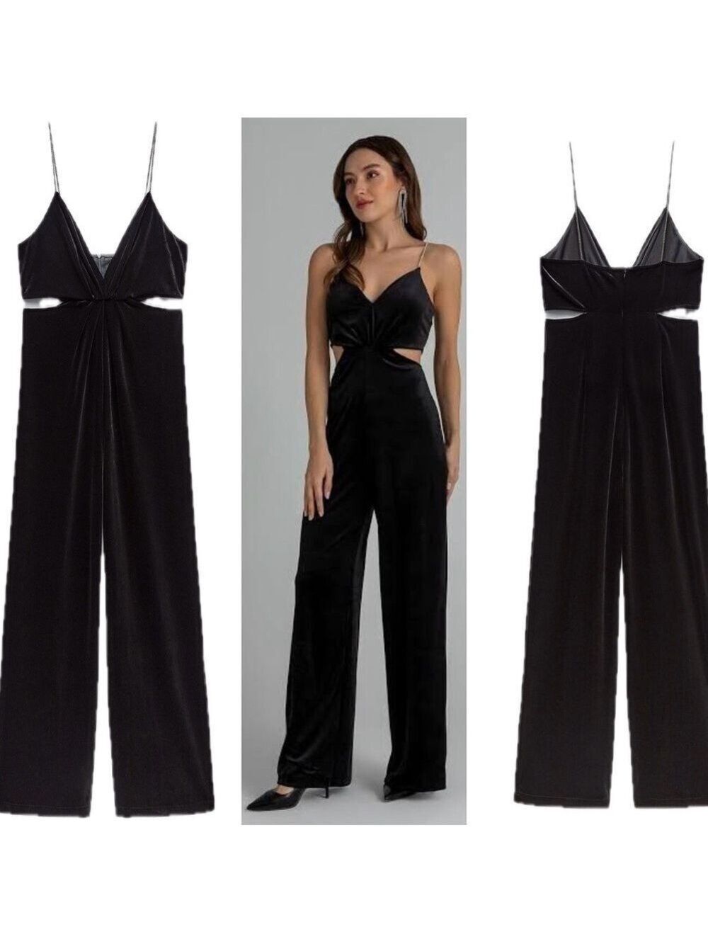 Zara Festive Days Black Velvet cut-out V-neck Jumpsuit crystal rhinestone strap